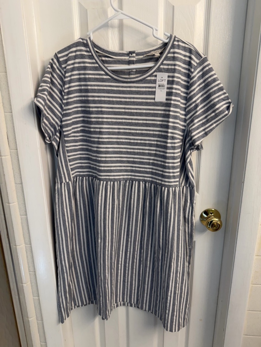 LOFT Gray and White Striped Short Sleeve Babydoll Dress